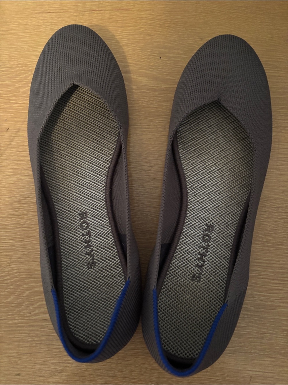 Rothy’s Gray Slip-On Flats with Blue Trim
